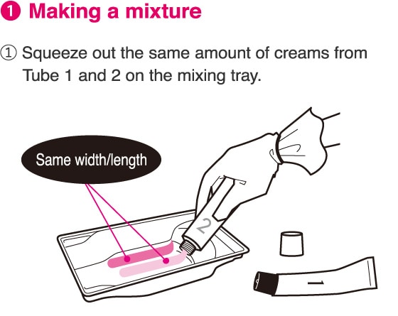 1.Making a mixture 1.Squeeze out the same amount of creams from Tube 1 and 2 on the mixing tray.