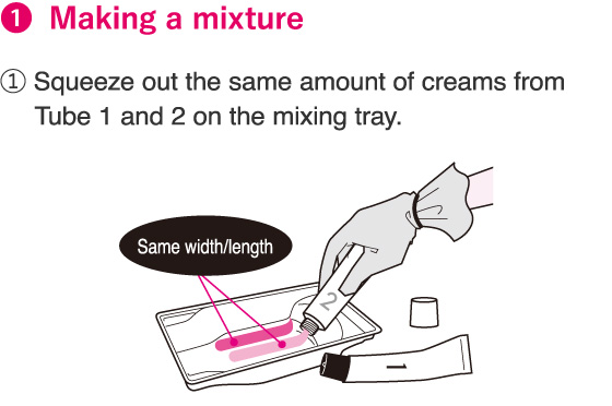 1.Making a mixture 1.Squeeze out the same amount of creams from Tube 1 and 2 on the mixing tray.