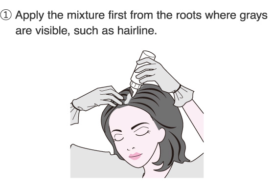1.Apply the mixture first from the roots where grays are visible, such as hairline.