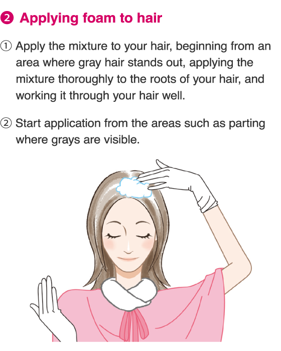 2.Apply the mixture to your hair, beginning from an area where gray hair stands out, applying the mixture thoroughly to the roots of your hair, and working it through your hair well. 2.Start application from the areas such as parting where grays are visible.
