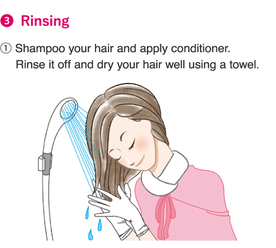 3.Rinsing 1.Shampoo your hair and apply conditioner. Rinse it off and dry your hair well using a towel.