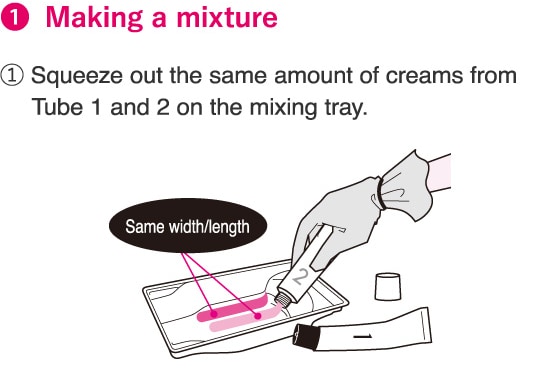 1.Making a mixture 1.Squeeze out the same amount of creams from Tube 1 and 2 on the mixing tray.