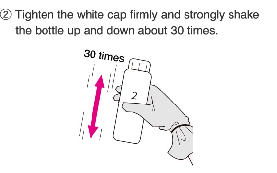 2.Tighten the white cap firmly and strongly shake the bottle up and down about 30 times.