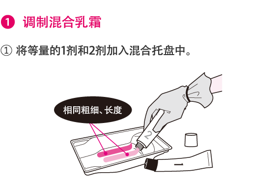 1.调制混合乳霜 1.将等量的1剂和2剂加入混合托盘中。