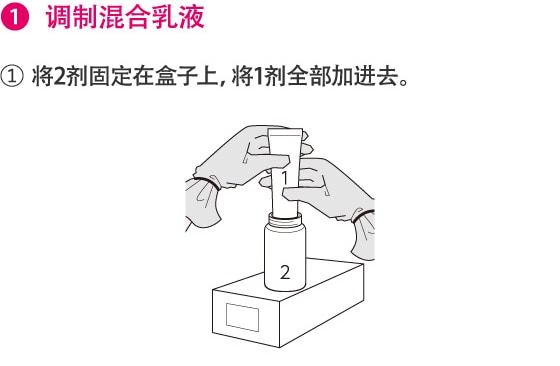 1.调制混合乳液 1.将2剂固定在盒子上，将1剂全部加进去。