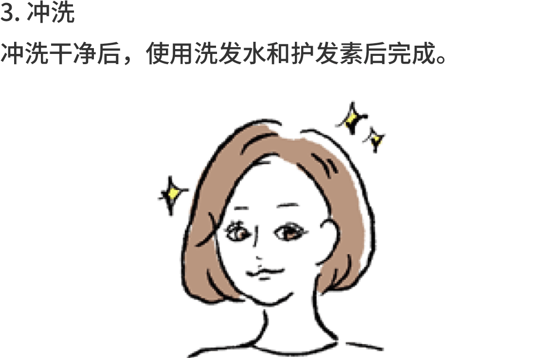 3. 冲洗 冲洗干净后，使用洗发水和护发素后完成。静置15分钟