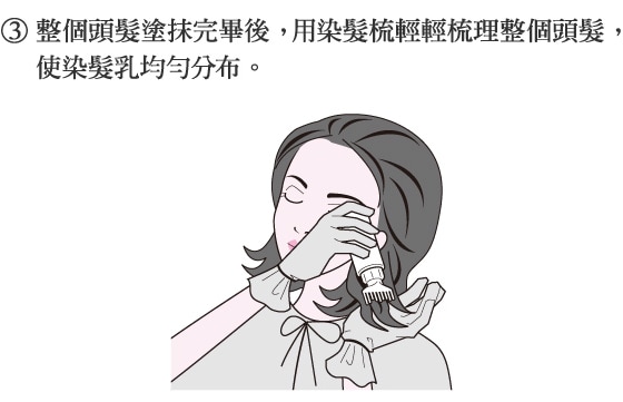 3.整個頭髮塗抹完畢後， 用染髮梳輕輕梳理整個頭髮，   使染髮乳均勻分布。