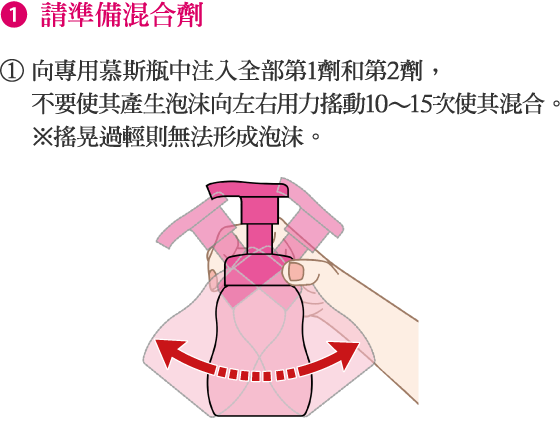 1.向專用慕斯瓶中注入全部第1劑和第2劑，不要使其產生泡沫向左右用力搖動10～15次使其混合。※搖晃過輕則無法形成泡沫。