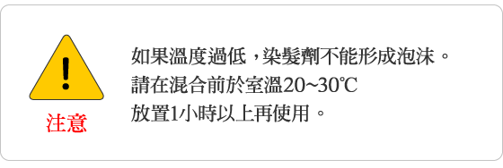 注意 如果溫度過低，染髮劑不能形成泡沫。請在混合前於室溫20~30℃放置1小時以上再使用。