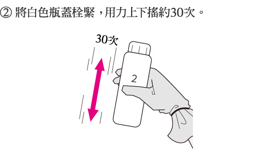 2.將白色瓶蓋栓緊， 用力上下搖約30次。