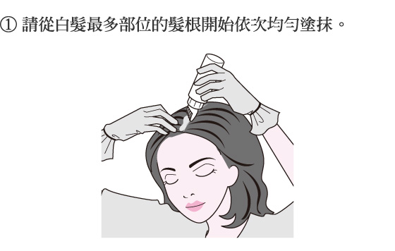 1.請從白髮最多部位的髮根開始依次均勻塗抹。