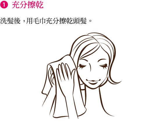 1.充分擦乾 洗髮後，用毛巾充分擦乾頭髮。
