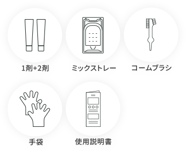 1剤+2剤、ミックストレー、コームブラシ、手袋、使用説明書